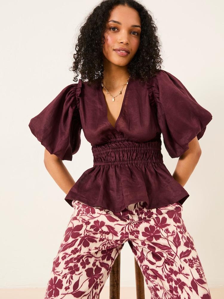 Fat Face Arabella Claret Puff Sleeve Top