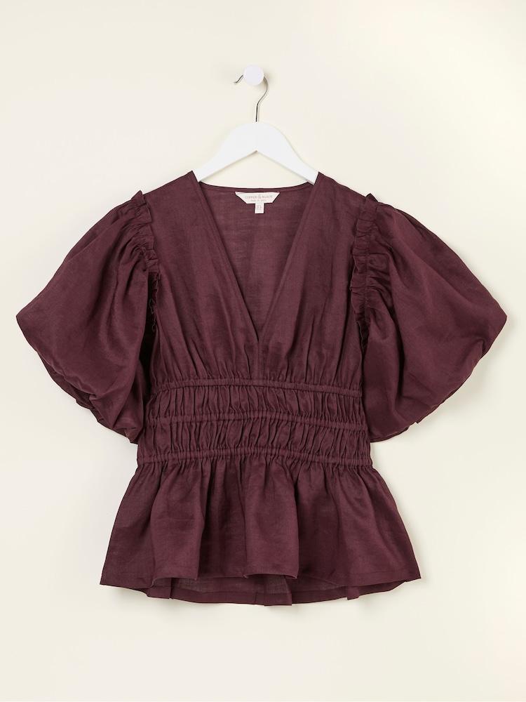 fat face Arabella Claret Puff Sleeve Top