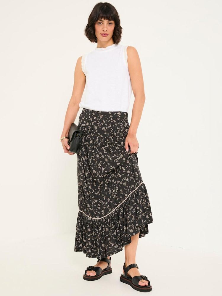 Fat Face Aurielle Black Mono Ditsy Maxi Skirt