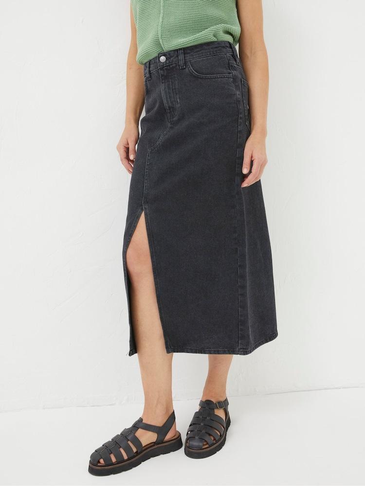 Fat Face Ava Black Denim Midi Skirt