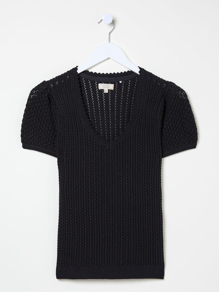 fat face Ava Black Stitch Knit T-Shirt