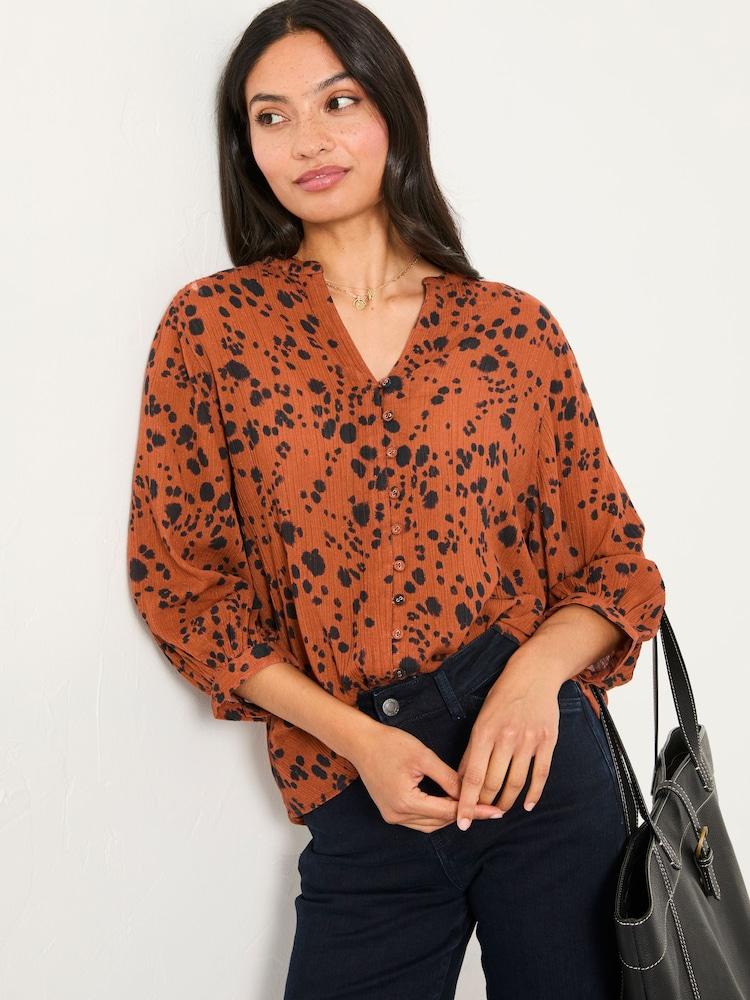 Fat Face Beckett Tan Brown Animal Spot Blouse