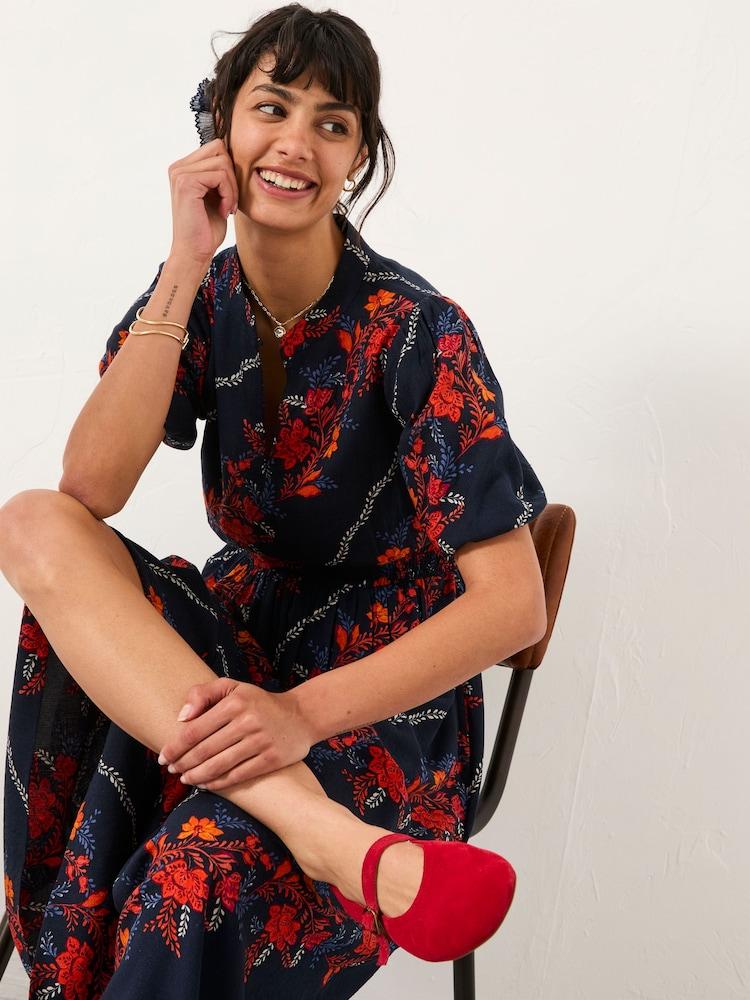 Fat Face Becky Navy Folk Floral Petite Midi Dress