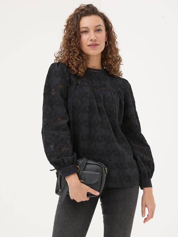 Fat Face Black Ana 100% Cotton Detail Blouse