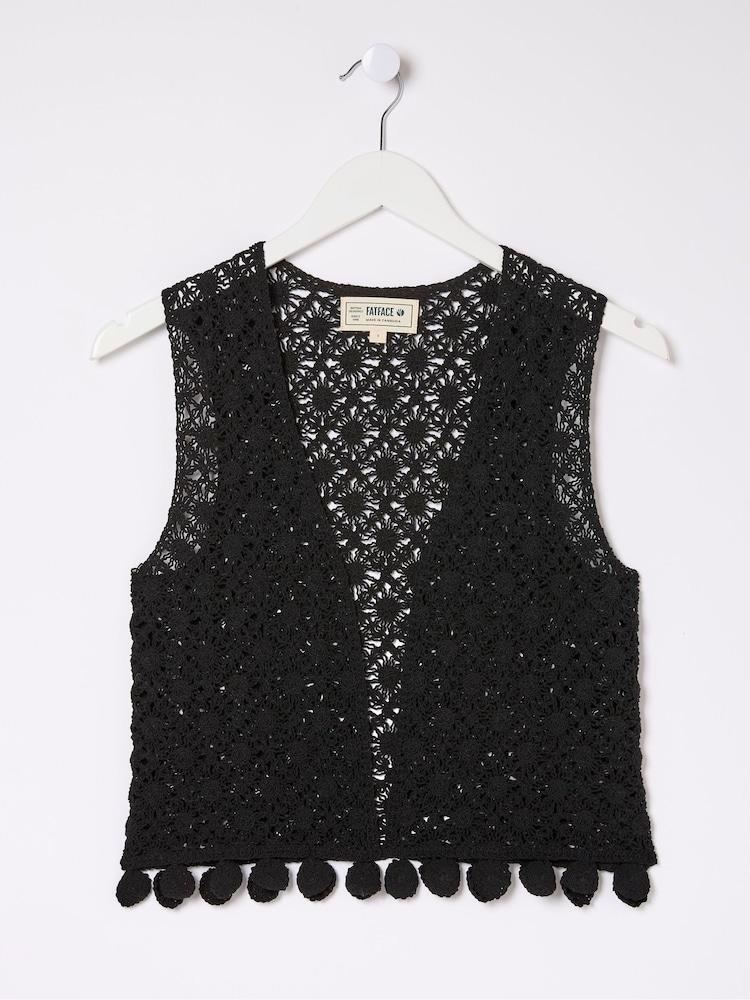 fat face Black Coin Trim Crochet Waistcoat