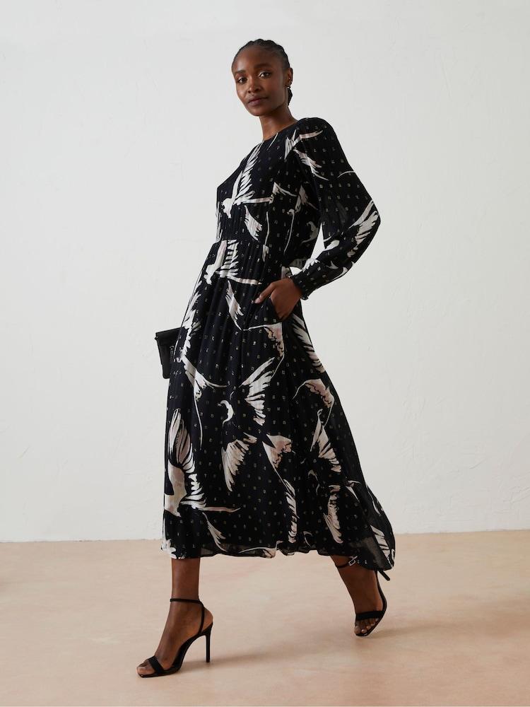Fat Face Black Elaine Swallow Print Midi Dress