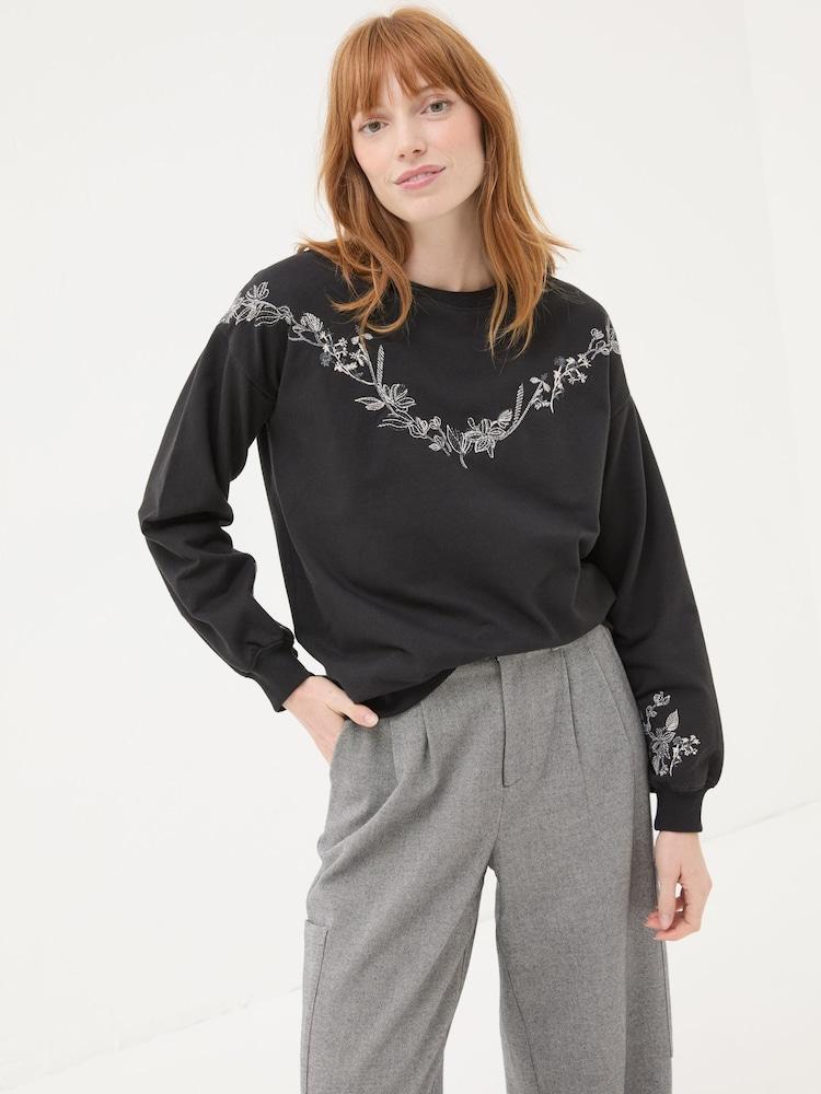 Fat Face Black Embroidered Crew Sweat Top