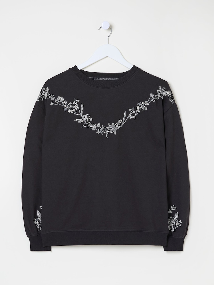 fat face Black Embroidered Crew Sweat Top
