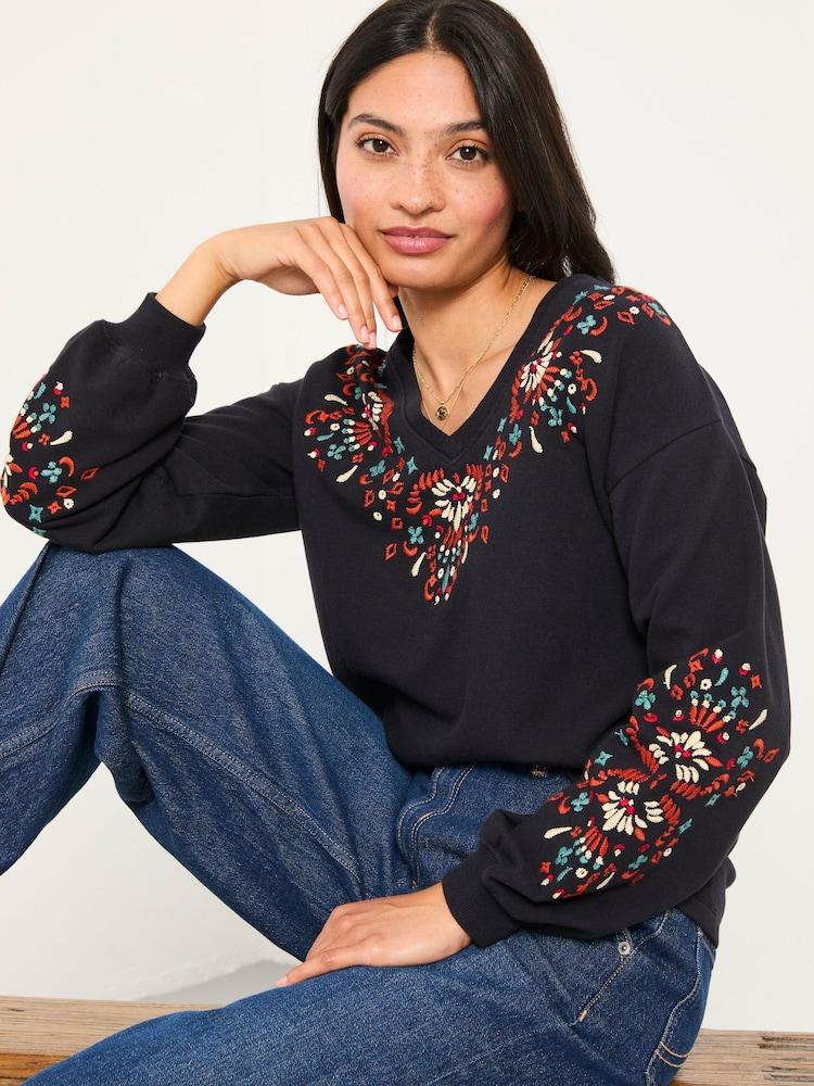Fat Face Black Embroidered V Neck Sweatshirt