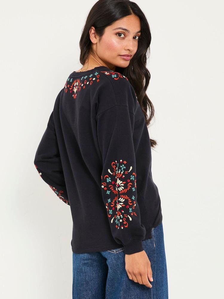 Fat Face Black Embroidered V Neck Sweatshirt