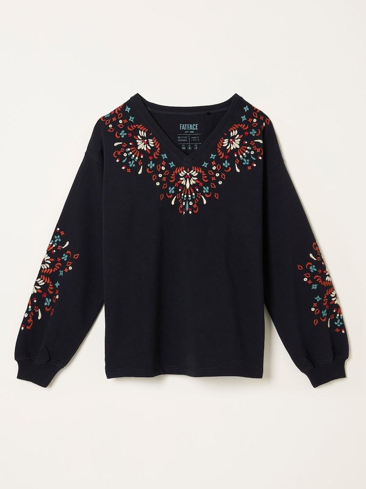 fat face Black Embroidered V Neck Sweatshirt