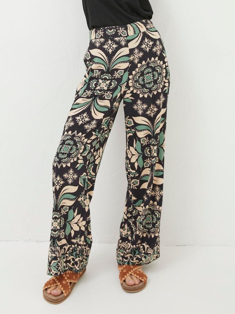 Fat Face Black Isla Mosaic Leaf Wide Leg Trousers