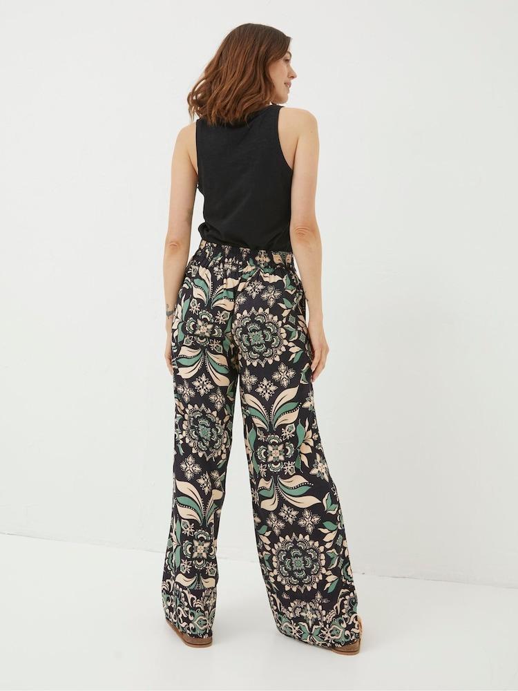Fat Face Black Isla Mosaic Leaf Wide Leg Trousers