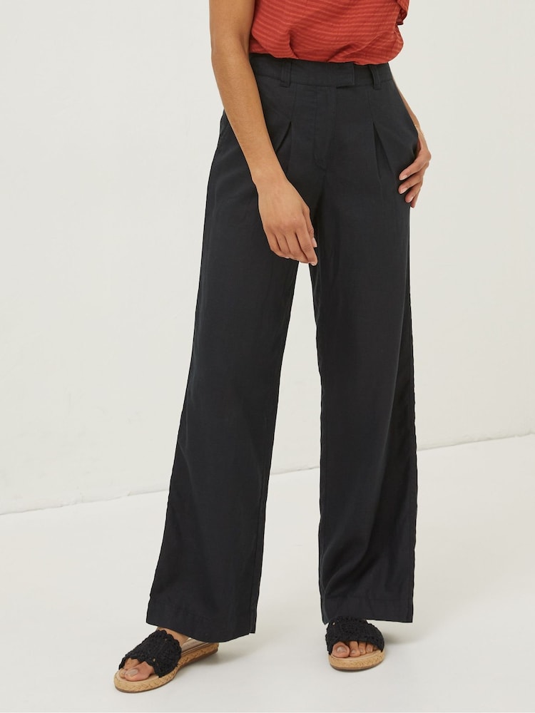 Fat Face Black Ives Wide Leg Linen Trousers