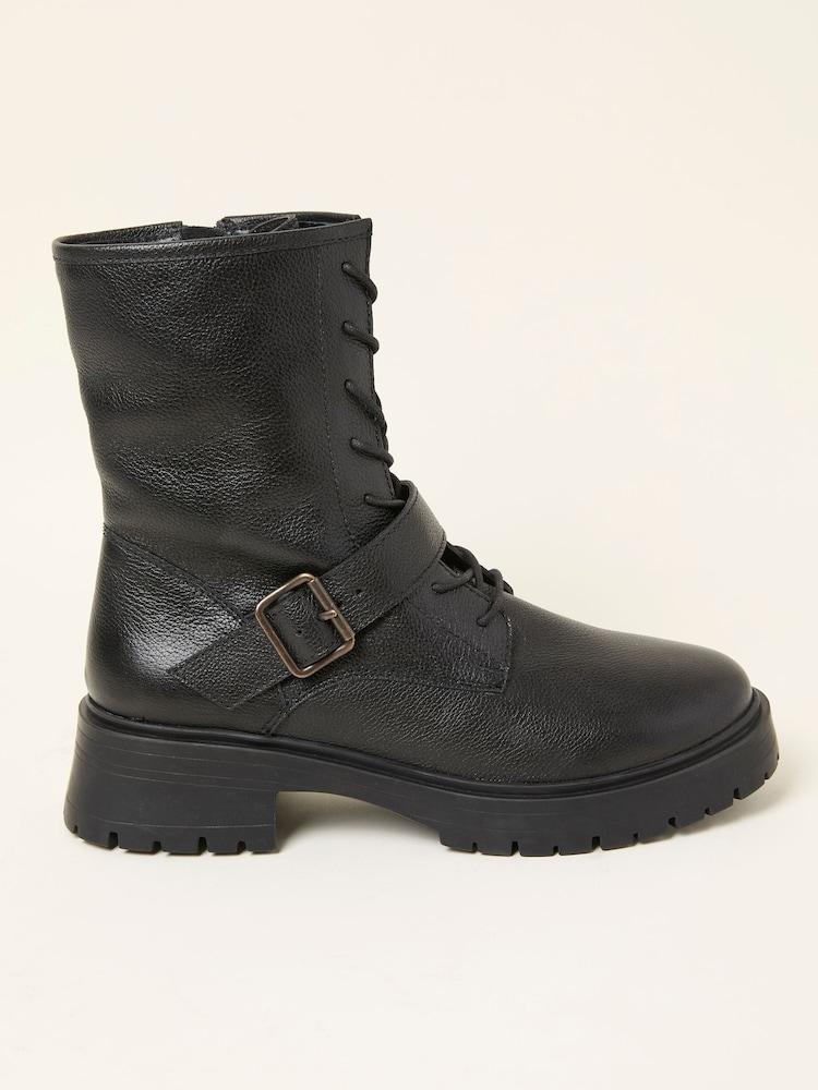 Fat Face Black Lace Up Buckle Boot