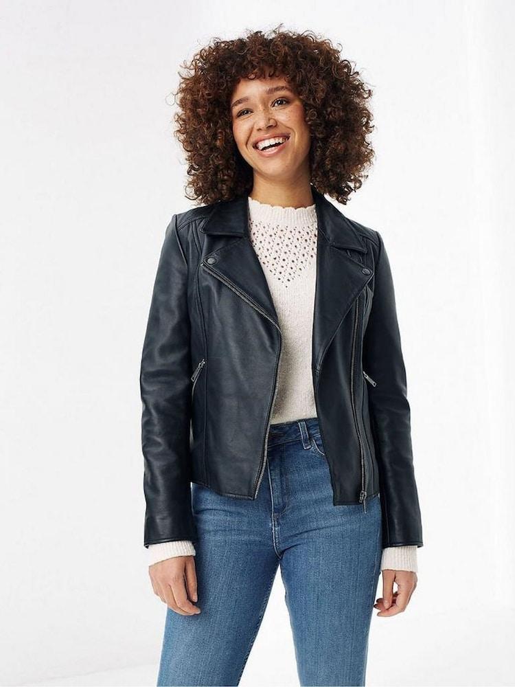 Fat Face Black Leather Bethany Biker Jacket