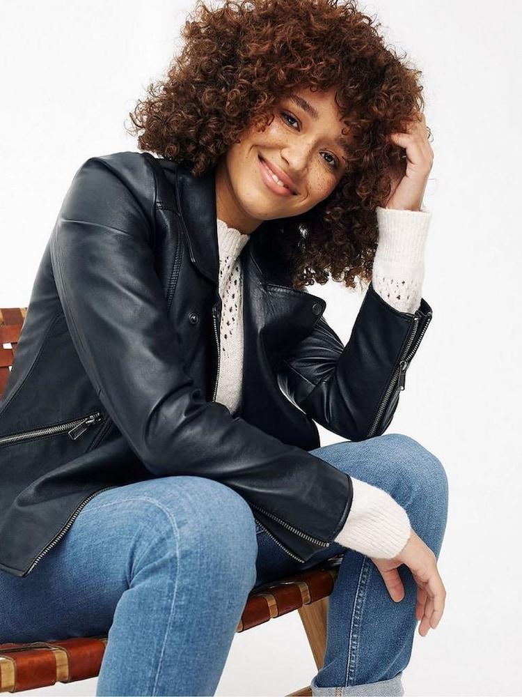 Fat Face Black Leather Bethany Biker Jacket