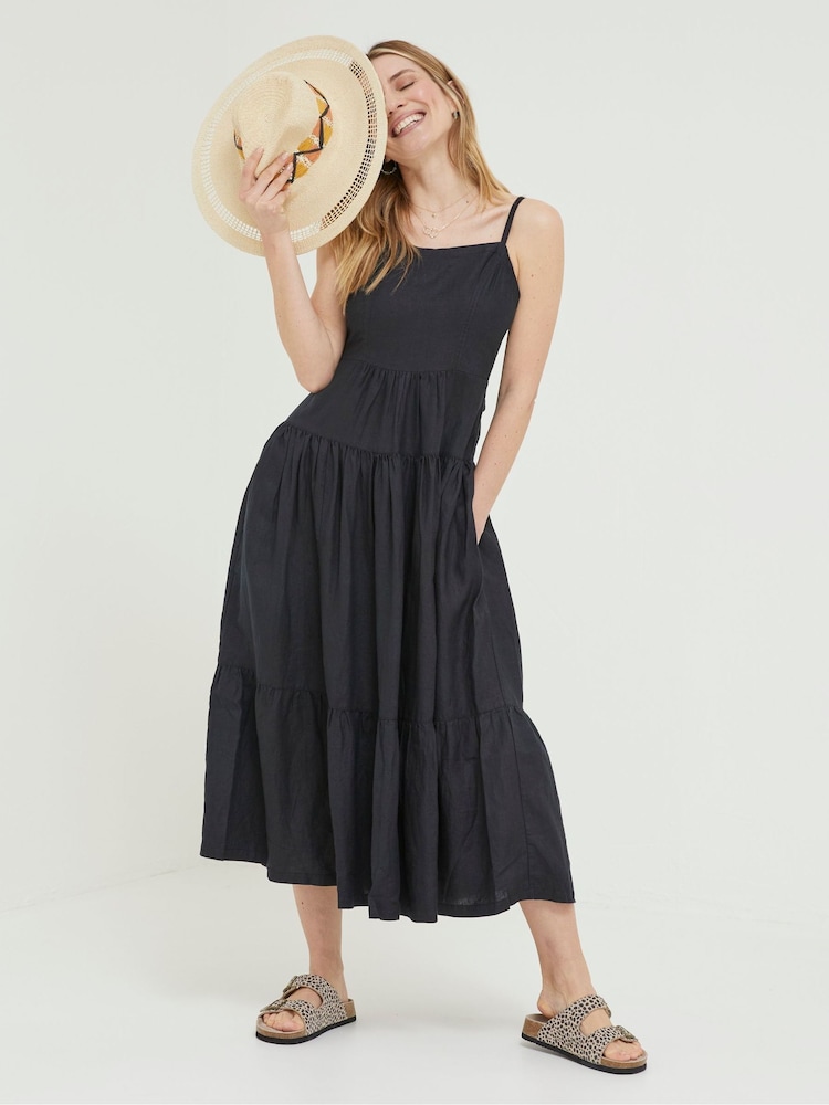 Fat Face Black Linen Julien Midi Dress