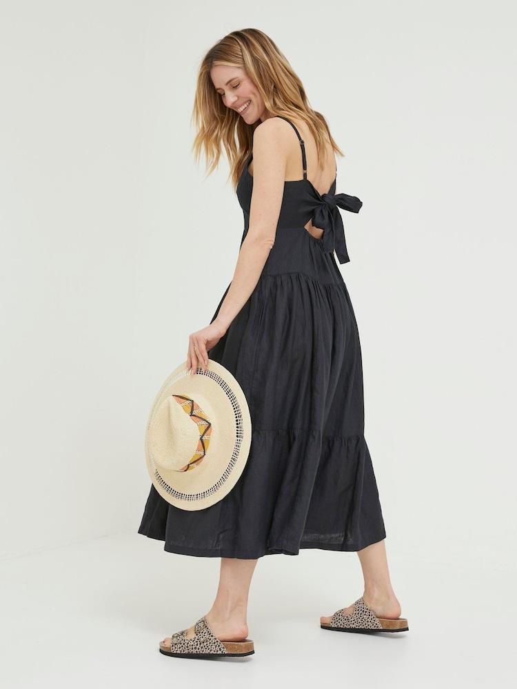 Fat Face Black Linen Julien Midi Dress