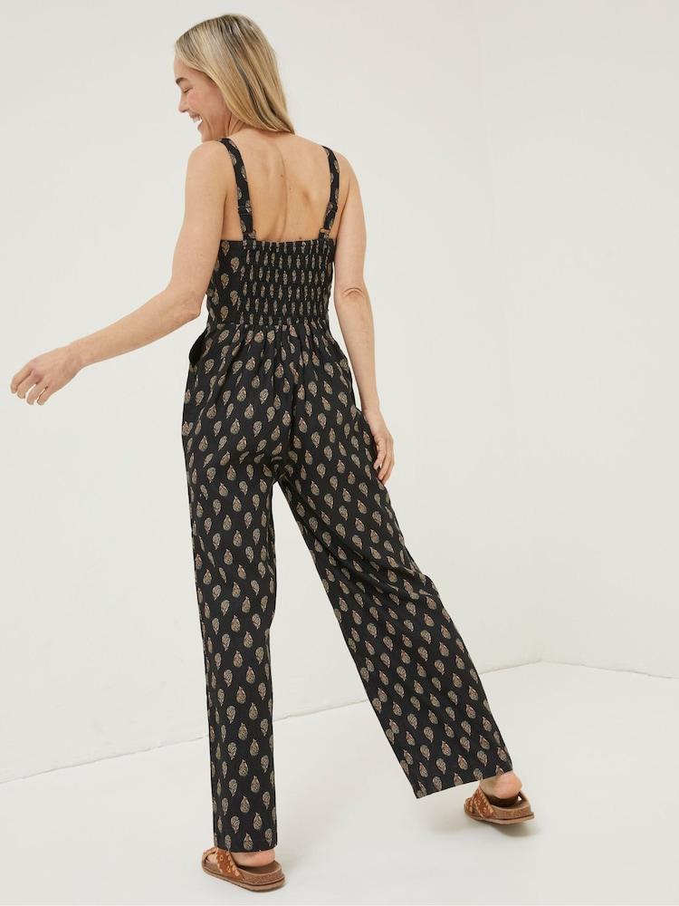 Fat Face Black Linen Vic Woodblock Jumpsuit