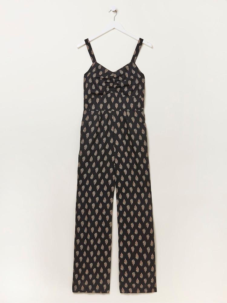 fat face Black Linen Vic Woodblock Jumpsuit
