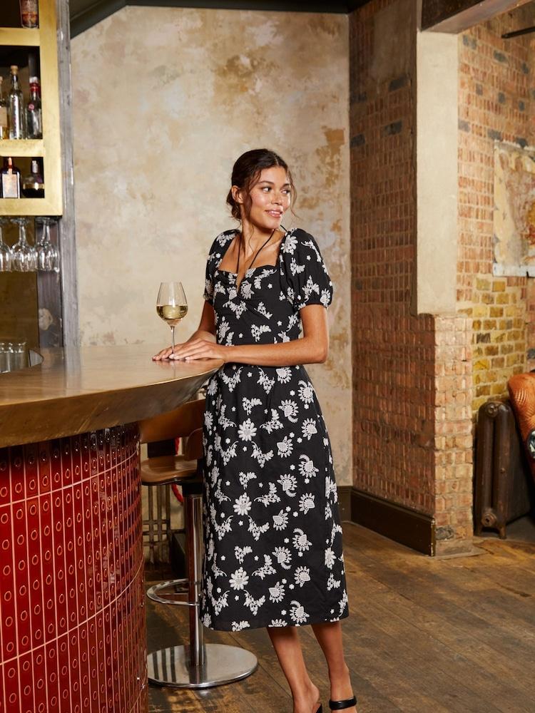 Fat Face Black Lotus Embroidered Midi Dress