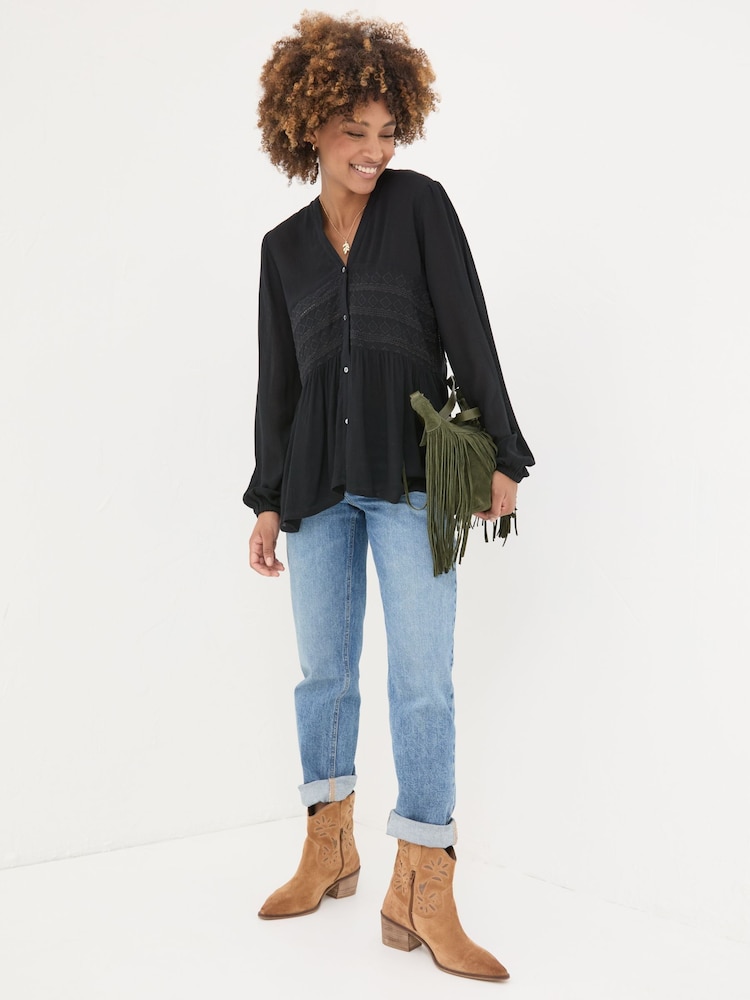 Fat Face Black Lou Embroidered Blouse