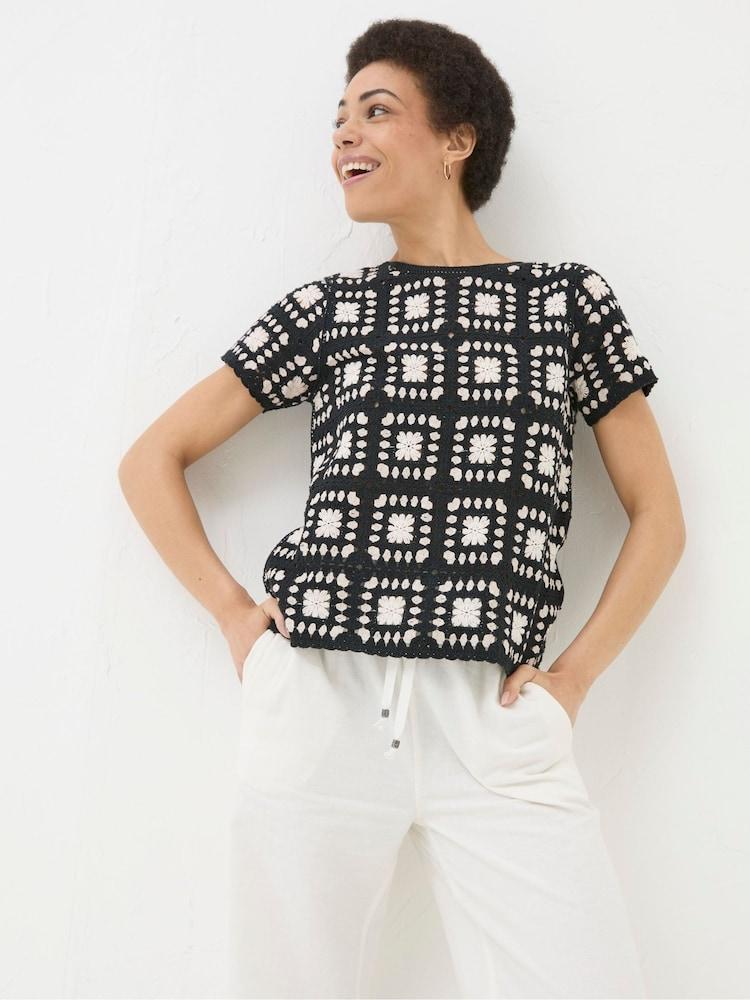 Fat Face Black Mono Crochet Patchwork T-Shirt