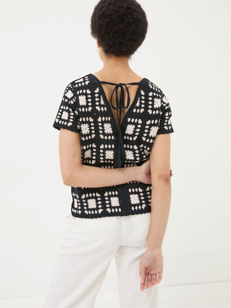 Fat Face Black Mono Crochet Patchwork T-Shirt
