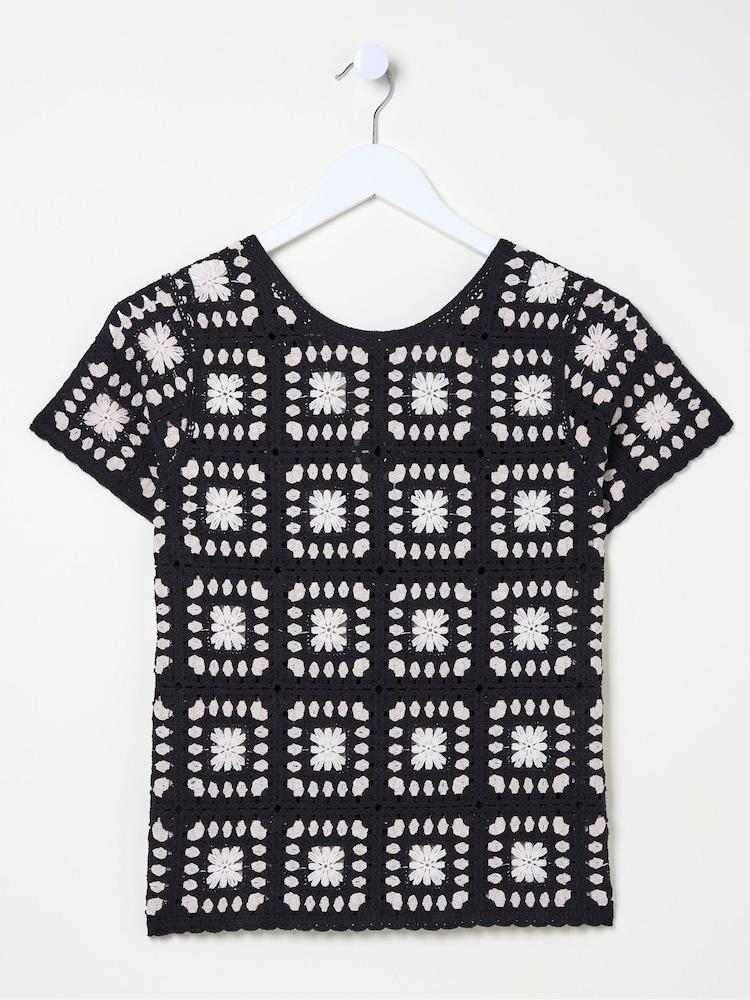 fat face Black Mono Crochet Patchwork T-Shirt