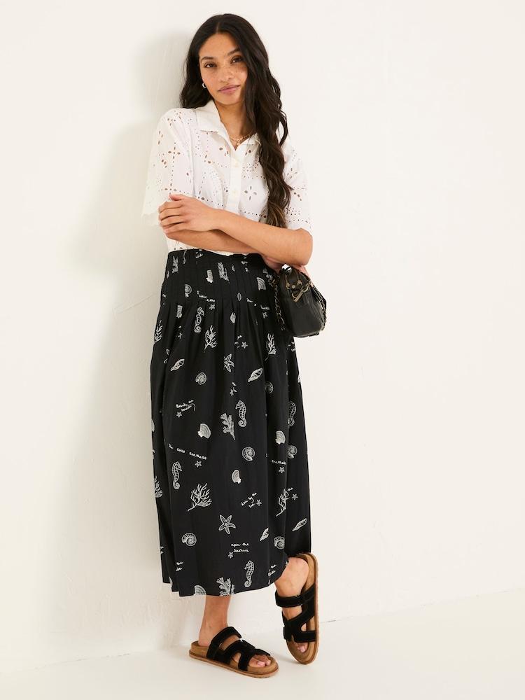 Fat Face Black Pip Printed Midi Skirt
