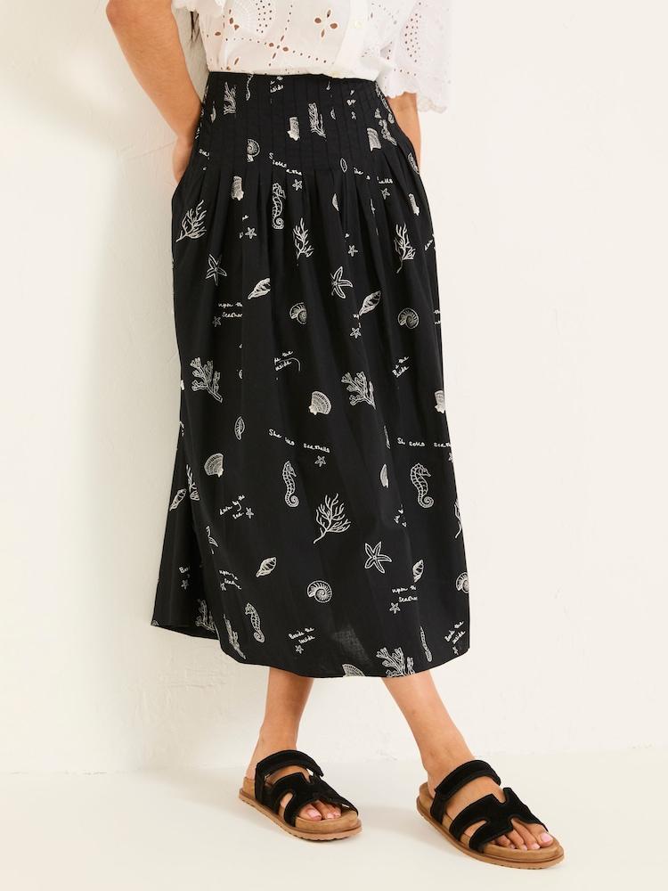 Fat Face Black Pip Printed Midi Skirt