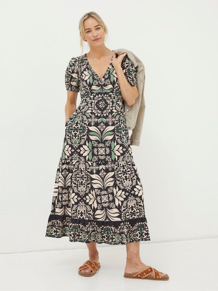 Fat Face Black Priya Mosaic Leaf Midi Dress