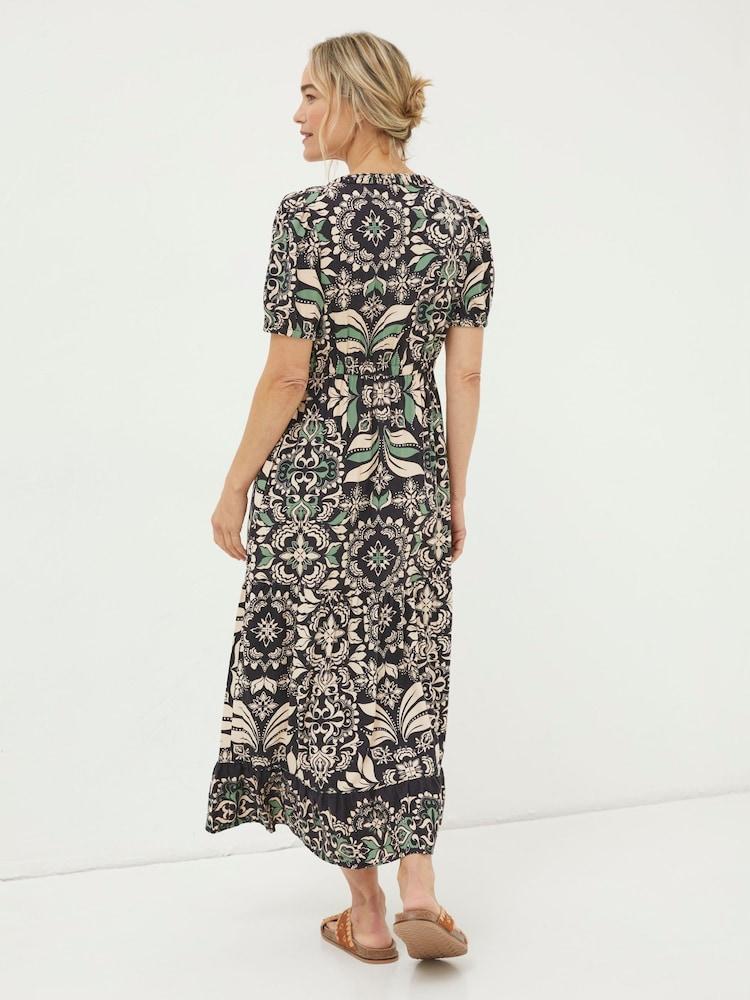 Fat Face Black Priya Mosaic Leaf Midi Dress