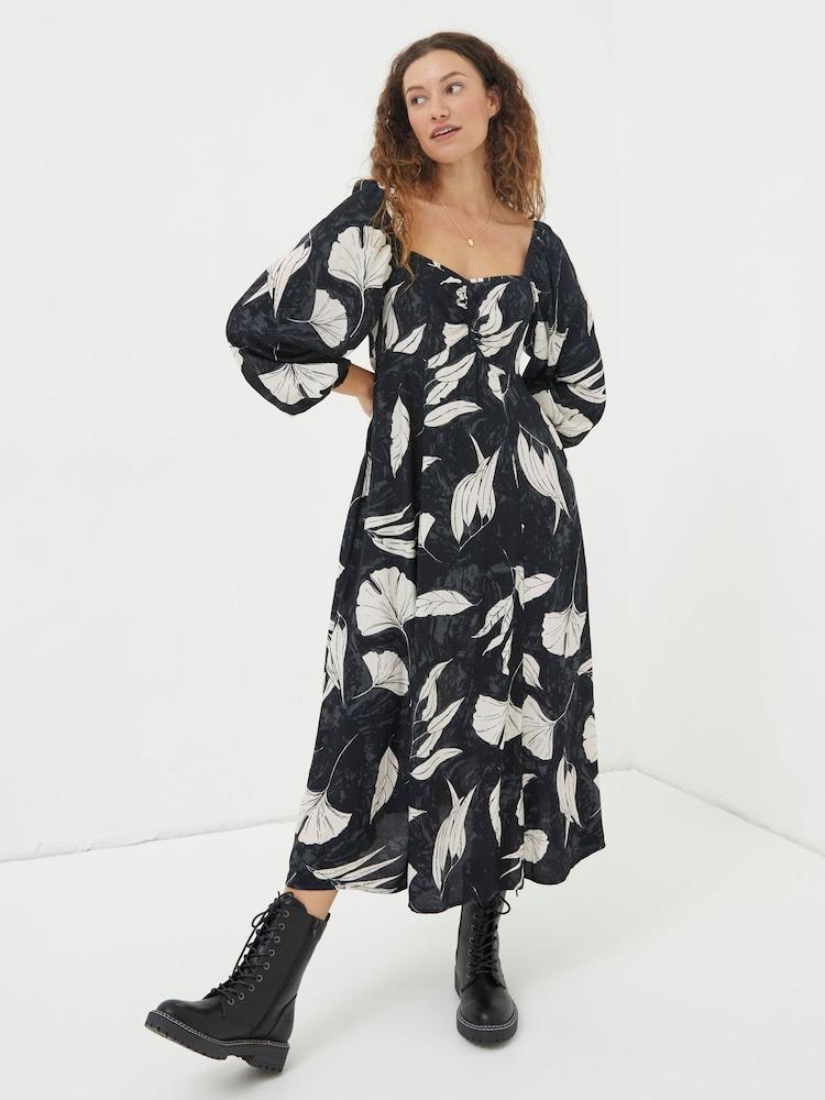 Fat Face Black Tessa Twilight Leaves Midi Dress