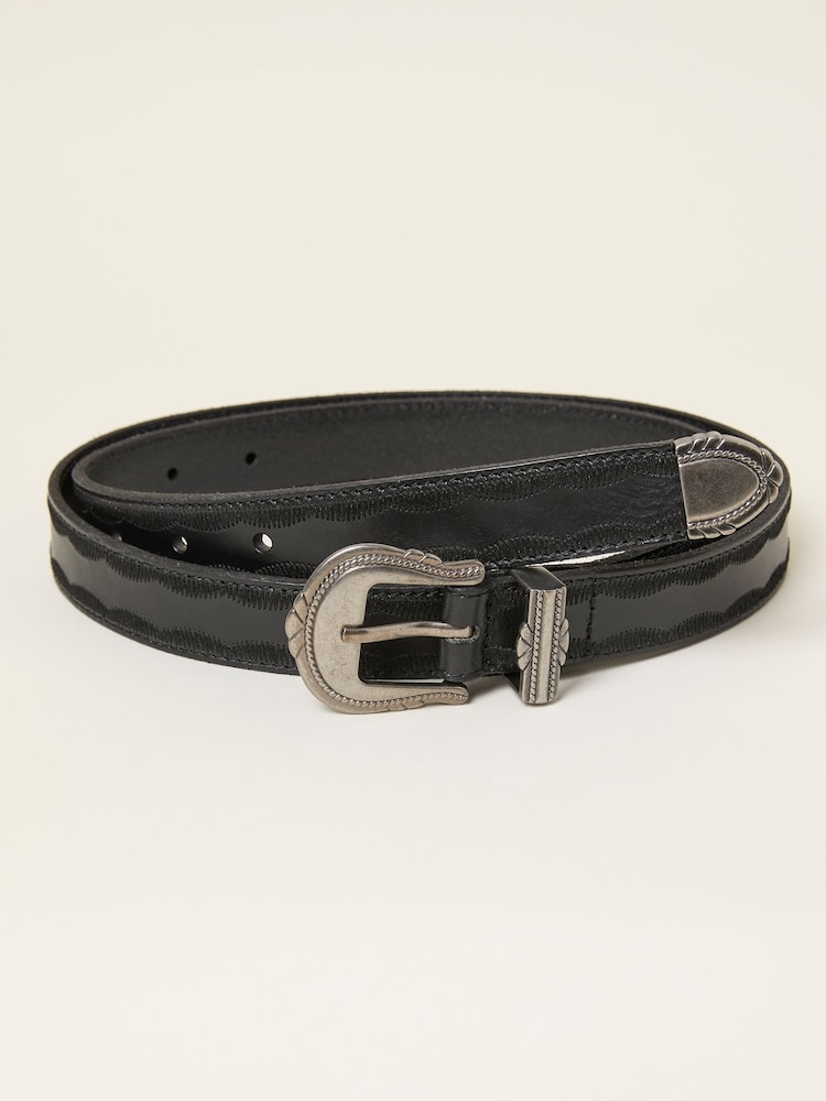 Fat Face Black Western Detail Leather Belt