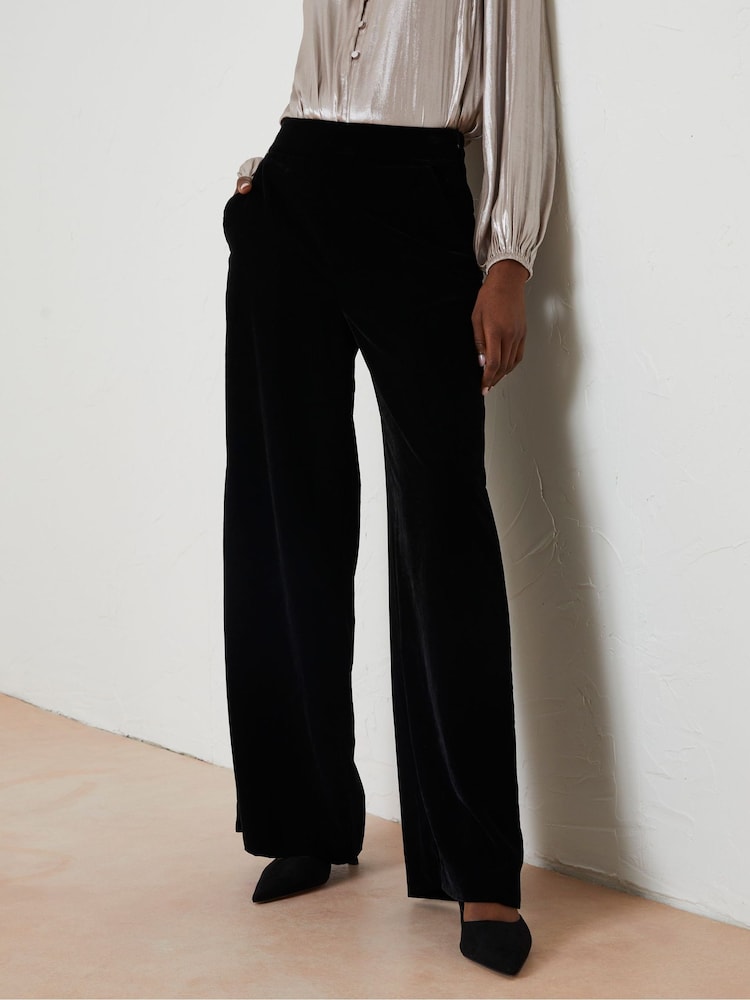 Fat Face Black Wide Leg Velvet Trousers