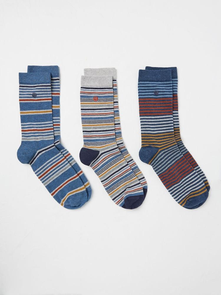 Fat Face Blue 3 Pack Men's Striped Socks