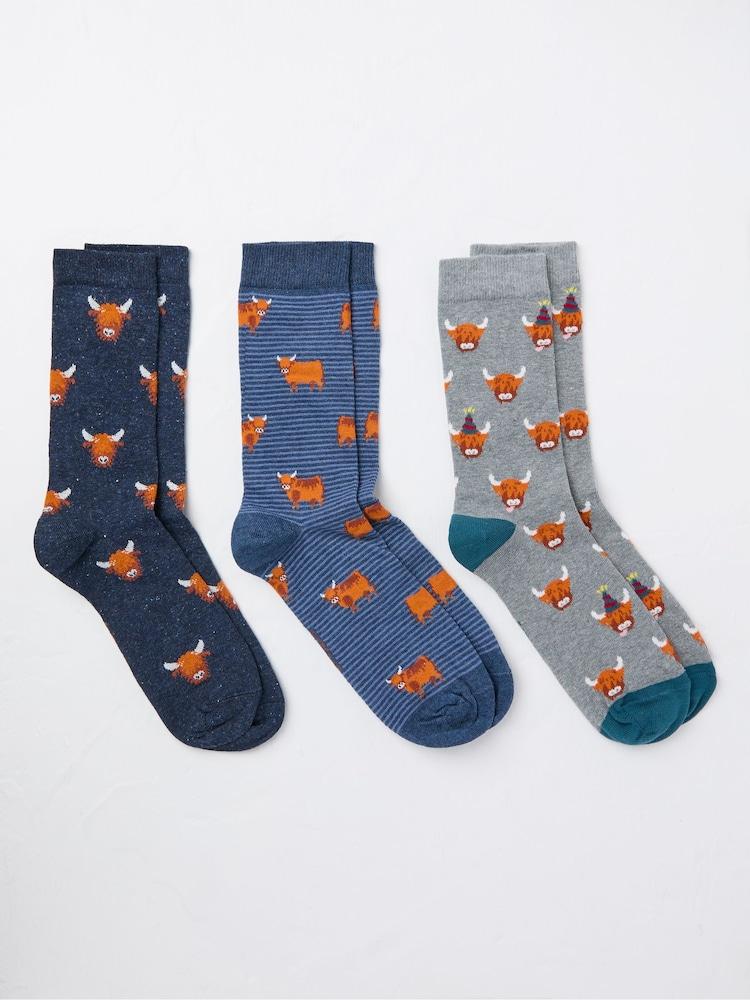 Fat Face Blue 3 Pairs Of Highland Cow Socks