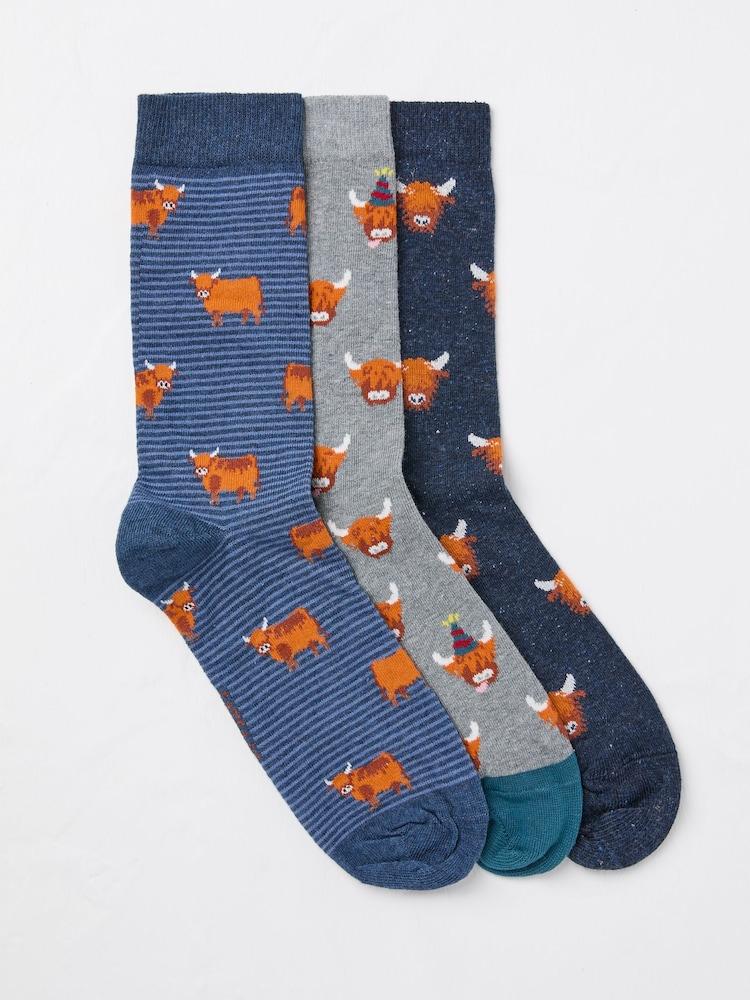 fat face Blue 3 Pairs of Highland Cow Socks