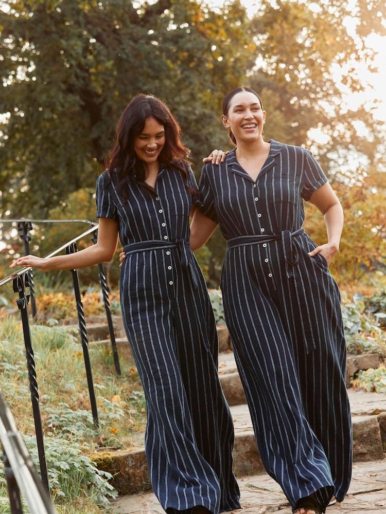 Fat Face Blue Acre Stripe Linen Blend Jumpsuit