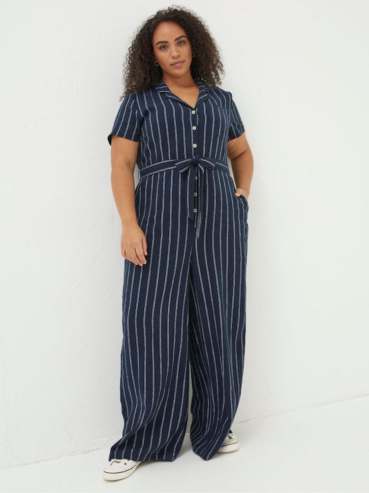 Fat Face Blue Acre Stripe Linen Blend Jumpsuit