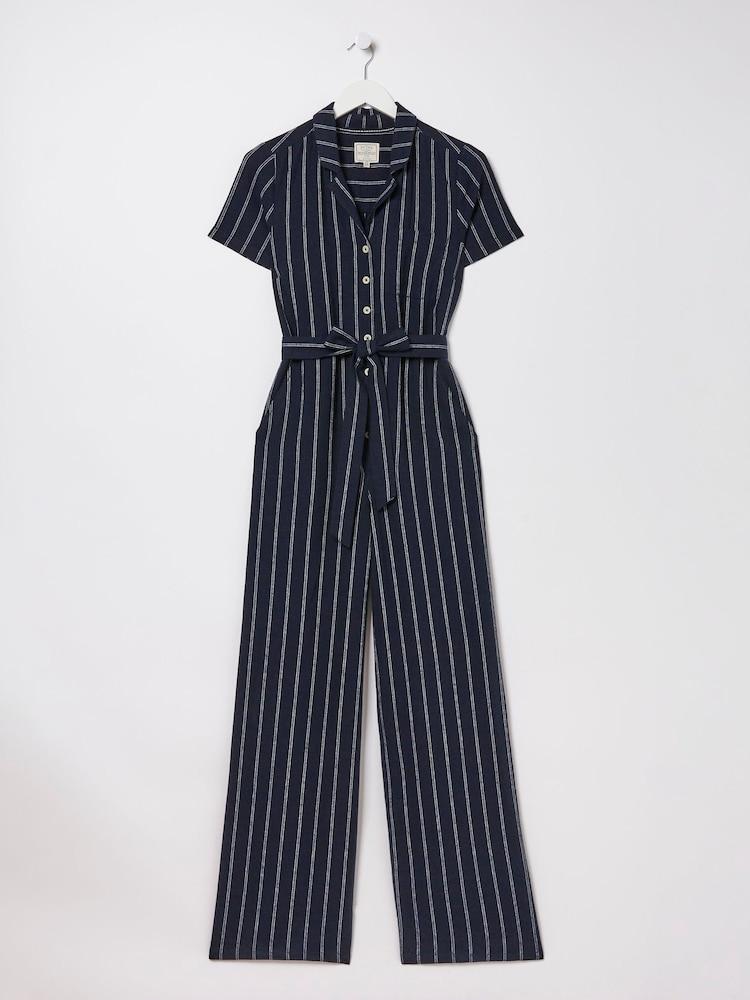fat face Blue Acre Stripe Linen Blend Jumpsuit