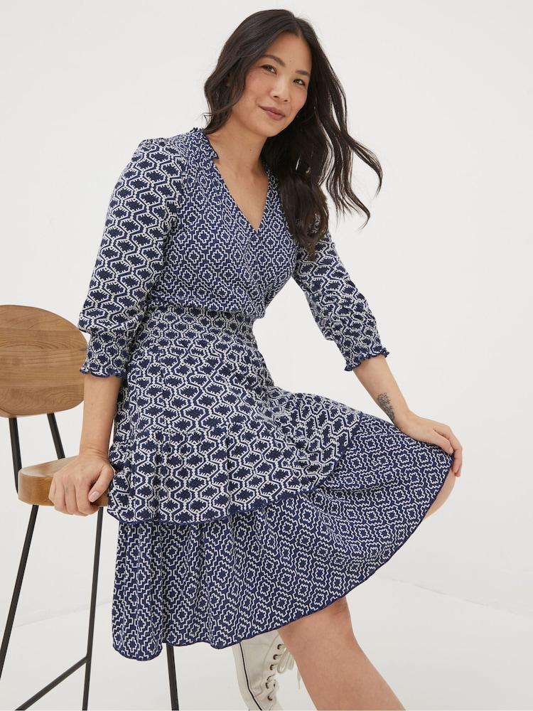 Fat Face Blue Amba Patchwork Geo Jersey Dress