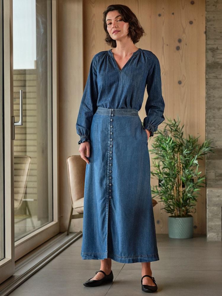 Fat Face Blue Denim Arabella Midi Skirt