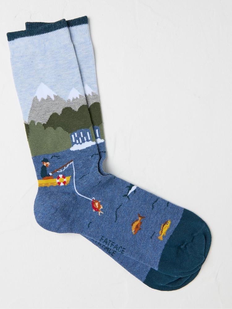 Fat Face Blue Fishing Scene Socks