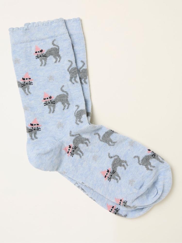 Fat Face Blue Halloween Cat Socks
