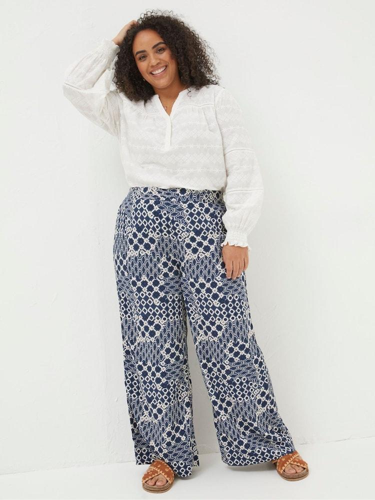 Fat Face Blue Isla Patchwork Geo Wide Leg Trousers