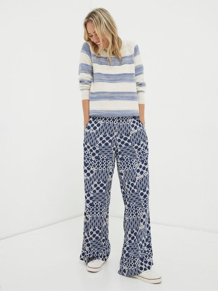 Fat Face Blue Isla Patchwork Geo Wide Leg Trousers