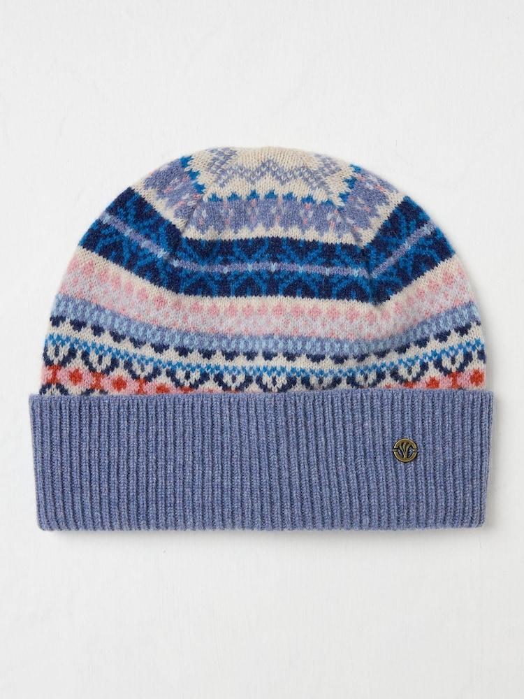 Fat Face Blue Lambswool Fairisle Beanie Hat